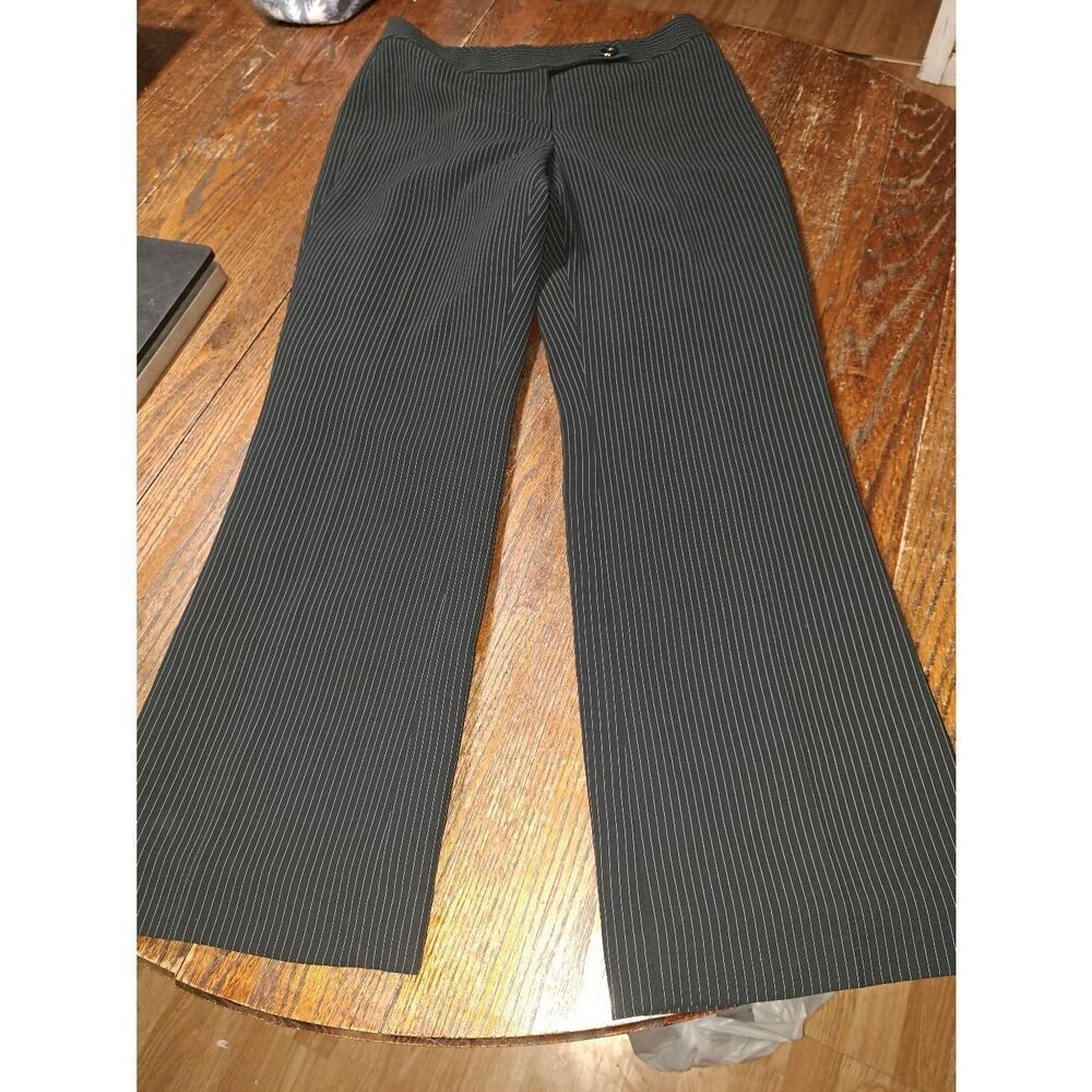 Size 12 Black Grey Pinstripe Lined Pleated Flare Wide Leg Dress Pants Flat Front
